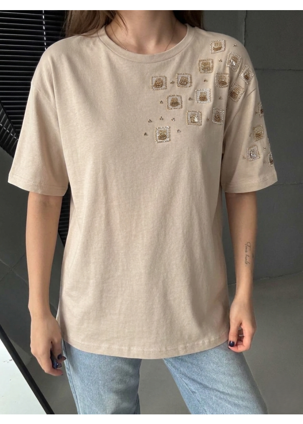kare DESENLİ T-shirt boncuk işlemeli