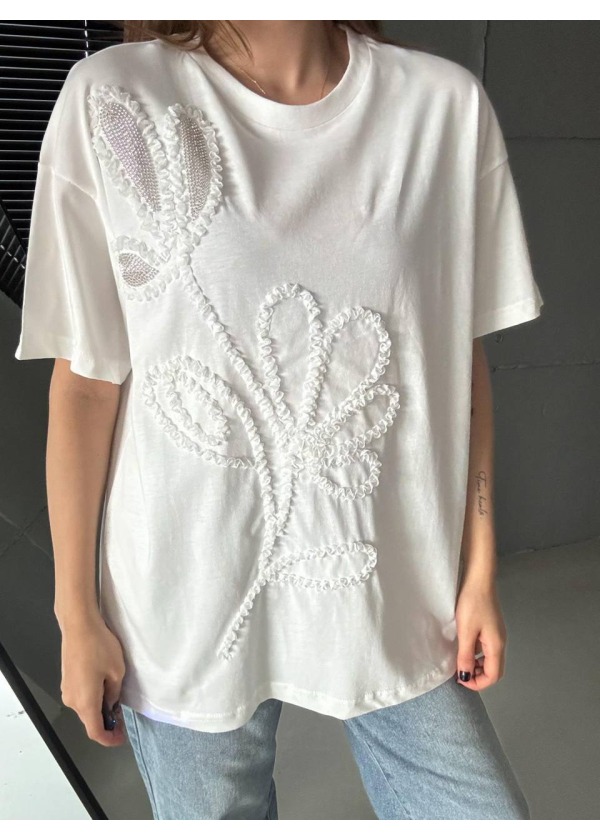 YAPRAK DESENLİ T-shirt BEYAZ 